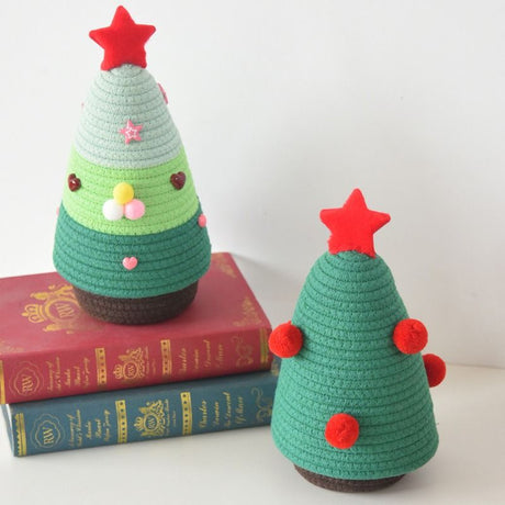Christmas-themed cotton yarn woven storage basket, Christmas tree-shaped desktop storage box with lid, entryway key and remote control holder - cosmetic storage box - red