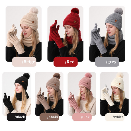 Women's Fashionable Winter 3-Piece Set: Knit Hat, Scarf, and Gloves.  A must-have for outdoor skiing and cycling—Beige