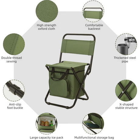3-in-1 Outdoor Folding Chair with 10L Insulated Cooler, Durable Oxford Fabric, for Camping and Picnics - Green