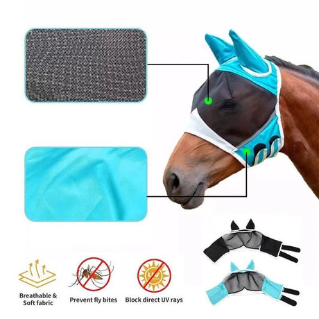 Breathable Horse Face Mask - Mosquito, Insect, and Fly Protection - Equestrian and Race Horse Head Cover - Blue - L