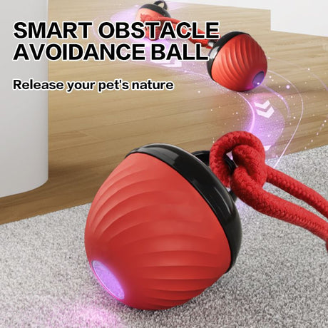 Electric Rolling Pet Ball for Cats and Dogs, Durable, Chew-Resistant, Rope-Knot, Squeaky, and Glowing Toy - Red