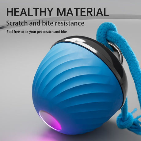 Electric Rolling Pet Ball for Cats and Dogs, Durable, Chew-Resistant, Rope-Knot, Squeaky, and Glowing Toy - Blue
