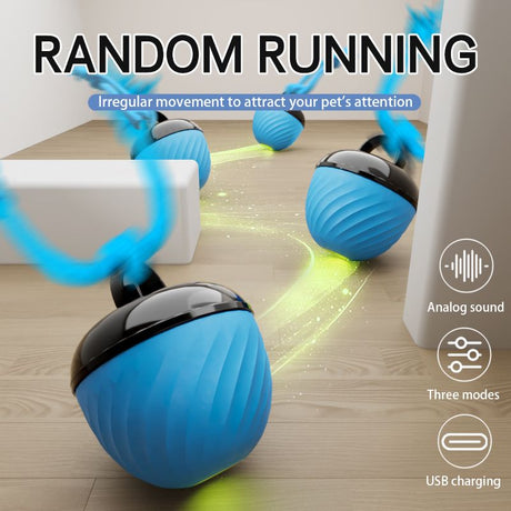 Electric Rolling Pet Ball for Cats and Dogs, Durable, Chew-Resistant, Rope-Knot, Squeaky, and Glowing Toy - Blue