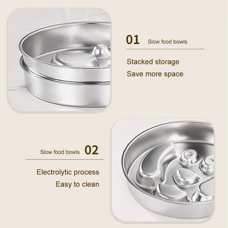 2-Piece Stainless Steel Slow Feeder Set for Pets, Reversible, for Cats and Dogs – Puppy Design