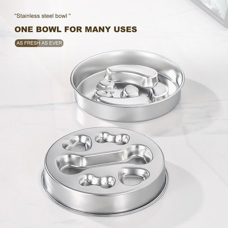 2-Piece Stainless Steel Slow Feeder Set for Pets, Reversible, for Cats and Dogs – Puppy Design