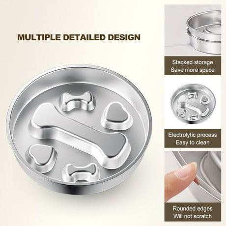 2-Piece Stainless Steel Slow Feeder Set for Pets, Reversible, for Cats and Dogs – Bone Design
