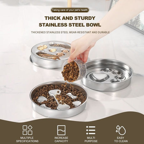 2-Piece Stainless Steel Slow Feeder Set for Pets, Reversible, for Cats and Dogs – Paw Design