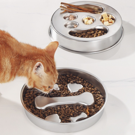 2-Piece Stainless Steel Slow Feeder Set for Pets, Reversible, for Cats and Dogs – Paw Design