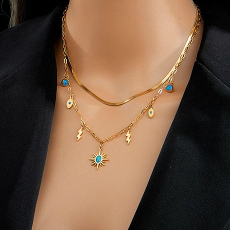 Double-layered bohemian-style necklace, 18K gold-plated titanium choker with eye and lightning bolt pendants
