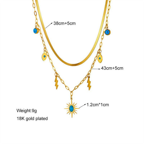 Double-layered bohemian-style necklace, 18K gold-plated titanium choker with eye and lightning bolt pendants