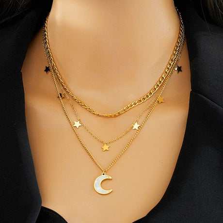 Three-tier layered star-and-moon mother-of-pearl and titanium steel necklace with an 18K gold-plated clasp