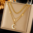 Three-tier layered star-and-moon mother-of-pearl and titanium steel necklace with an 18K gold-plated clasp