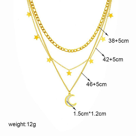 Three-tier layered star-and-moon mother-of-pearl and titanium steel necklace with an 18K gold-plated clasp