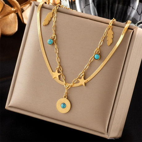Bohemian-Style Double-Layer Layered Necklace: Gold-Plated Titanium Steel Collar Necklace—Unique Vintage Jewelry for Women
