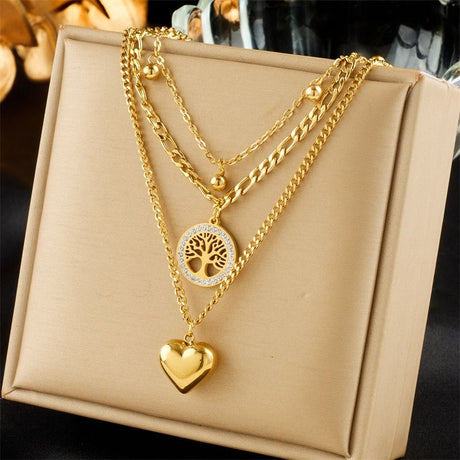 Three-Tier Layered Tree of Life Heart-Shaped Titanium Steel Necklace: 18K Gold-Plated Collar Chain—A Simple, Elegant Cuban Chain Necklace for Women