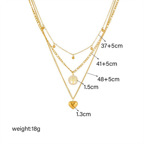 Three-Tier Layered Tree of Life Heart-Shaped Titanium Steel Necklace: 18K Gold-Plated Collar Chain—A Simple, Elegant Cuban Chain Necklace for Women