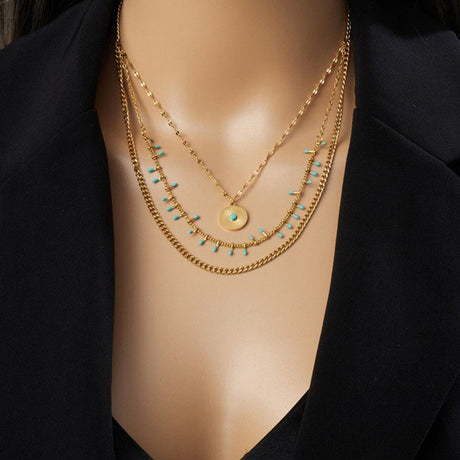 Bohemian-Style Three-Tier Turquoise Necklace with 18K Gold-Plated Titanium Collar Chain