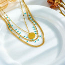 Bohemian-Style Three-Tier Turquoise Necklace with 18K Gold-Plated Titanium Collar Chain