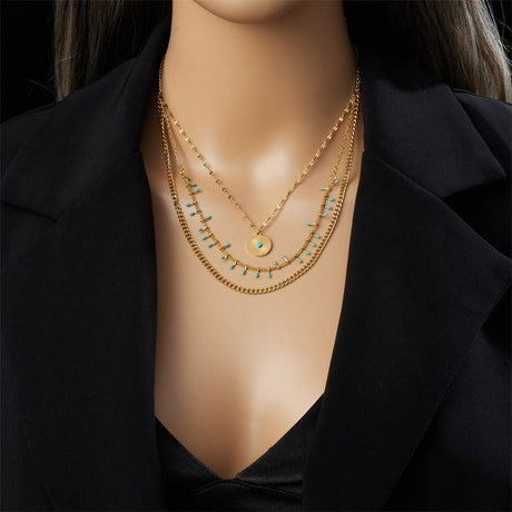 Bohemian-Style Three-Tier Turquoise Necklace with 18K Gold-Plated Titanium Collar Chain
