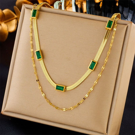Double-Layer Zirconia Blade Chain Necklace, Gold-Plated Titanium Steel Women's Vintage-Style Luxury Necklace - Green