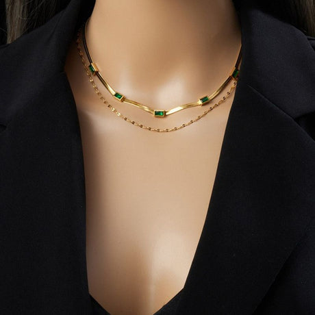 Double-Layer Zirconia Blade Chain Necklace, Gold-Plated Titanium Steel Women's Vintage-Style Luxury Necklace - Green