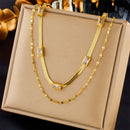 Zirconia Blade Chain Double-Layer Necklace, Gold-Plated Titanium Steel Women's Vintage-Style Luxury Necklace - Clear