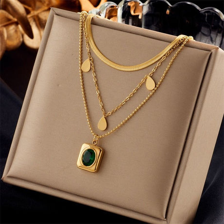 French Vintage Emerald Pendant Three-Tier Layered Necklace, 18K Gold-Plated Titanium Collier