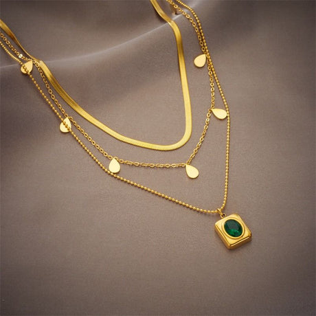 French Vintage Emerald Pendant Three-Tier Layered Necklace, 18K Gold-Plated Titanium Collier