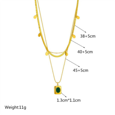 French Vintage Emerald Pendant Three-Tier Layered Necklace, 18K Gold-Plated Titanium Collier