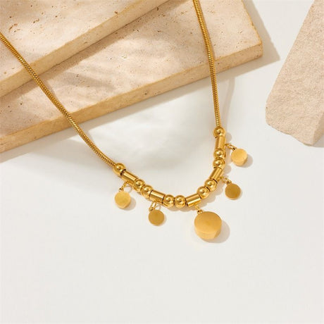 Roman-Style Diamond-Studded Round Bead Necklace, Gold-Plated Titanium Steel Collar Necklace, Unique Vintage Jewelry for Women