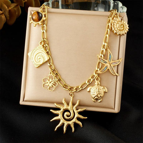 Ocean-themed multi-pendant necklace, gold-plated titanium steel choker, women's vacation-inspired fashion necklace
