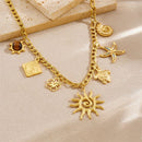 Ocean-themed multi-pendant necklace, gold-plated titanium steel choker, women's vacation-inspired fashion necklace