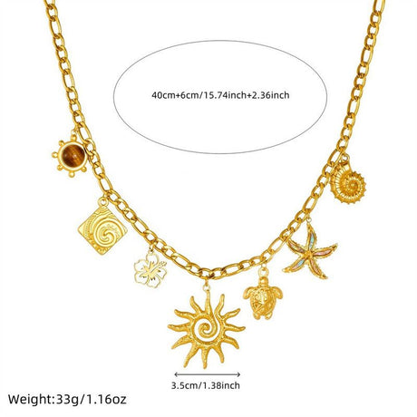 Ocean-themed multi-pendant necklace, gold-plated titanium steel choker, women's vacation-inspired fashion necklace