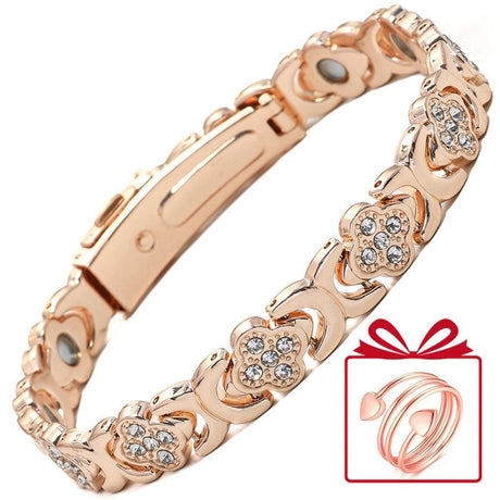 Lucky Clover Magnetic Bracelet with Free Heart Ring Set, Simple Everyday Women's Bracelet - Rose Gold