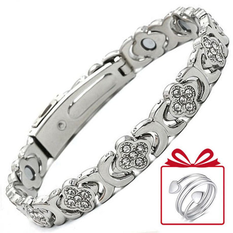 Lucky Clover Magnetic Bracelet with Free Heart Ring Set, Simple Everyday Women's Bracelet - Silver