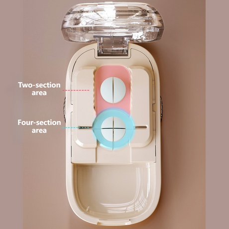 2-in-1 Pill Cutter with Storage Box, Adjustable Rotary Clip Pill Splitter for Halving and Quartering, Portable Travel Medicine Container for Various Tablet Sizes - White