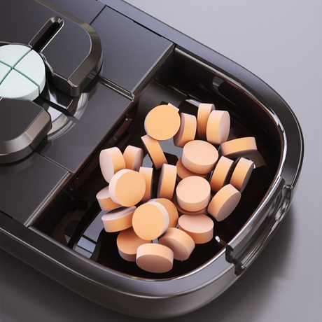 2-in-1 Pill Cutter with Storage Box, Adjustable Rotary Clip Pill Splitter for Halving and Quartering, Portable Travel Medicine Container for Various Tablet Sizes - White