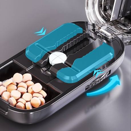 2-in-1 Pill Cutter with Storage Box, Adjustable Rotary Clip Pill Splitter for Halving and Quartering, Portable Travel Medicine Container for Various Tablet Sizes—Blue