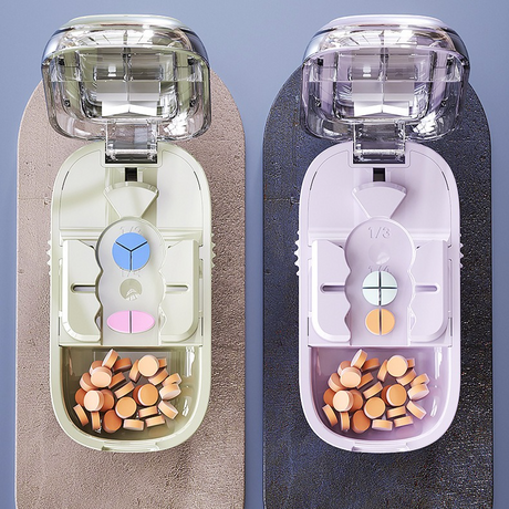 3-in-1 Pill Cutter with Storage Box, 2/3/4 Equal Parts Adjustable Tablet Splitter, Portable Travel Medicine Container - White