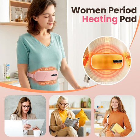 LED Display Period Heating Belt for Women, 5 Heat Settings & 4 Vibration Modes Wireless Menstrual Cramp Relief Waist Heating Pad - White