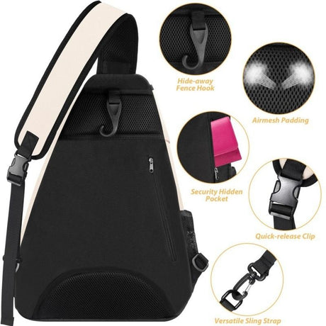 Multifunction Sling Tennis Bag, Waterproof Oxford Crossbody Sports Backpack, with Water Bottle Pocket & Hidden Ball Compartment—Black