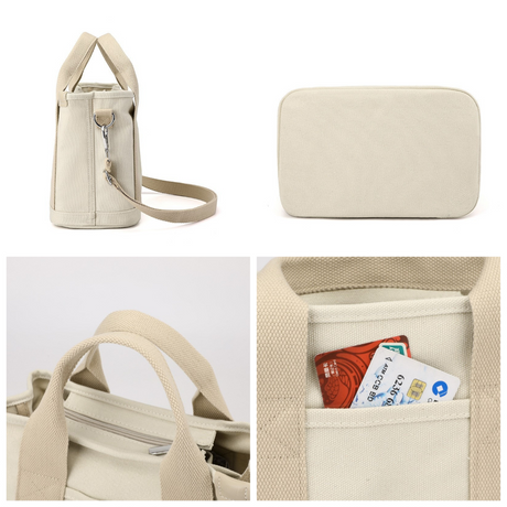 Multi-Compartment Canvas Tote Bag, 3-Way Handheld, Crossbody, and Shoulder Bag with Adjustable Strap for Daily Work and Shopping - Khaki