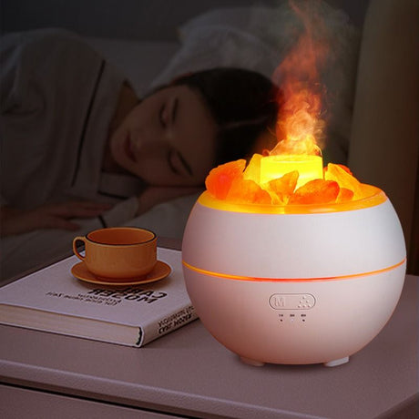 Himalayan Salt Stone Flame Aroma Diffuser, 4 in 1 Essential Oil Humidifier with Warm Night Light, Timer Ultrasonic Cool Mist Diffuser for Home Bedroom