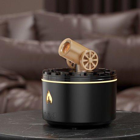 Cannon-Shaped Smoke Ring Aroma Diffuser and Humidifier, 2 Mist Modes, RGB Color-Changing Lava Lamp Essential Oil Diffuser, for Home or Desk – Black and Gold