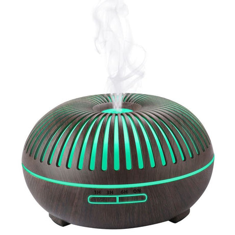 550ML Wood-Grain Aroma Diffuser and Humidifier with Bluetooth Speaker, 7-Color LED Night Light, Remote Control, Timer, and Auto Shut-Off – Dark Wood