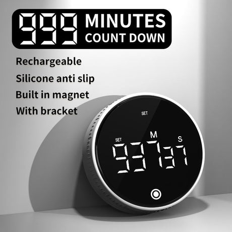 Rotating Digital Kitchen Timer, 999-Minute LED Display Timer with Magnetic Back & Stand, Type-C, for Studying and Exercising—White