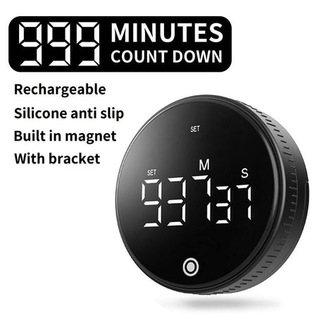 Rotating Digital Kitchen Timer, 999-Minute LED Display Timer with Magnetic Back & Stand, Type-C, for Studying and Exercising—Black