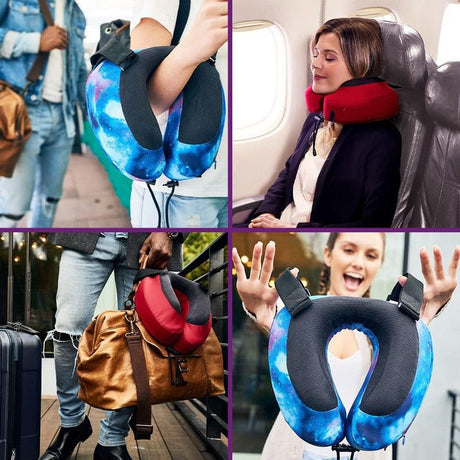 Memory Foam U-Shaped Neck Pillow, Adjustable with Strap & Storage Bag for Travel, Airplane, Car, Office, and Theater Use – Black