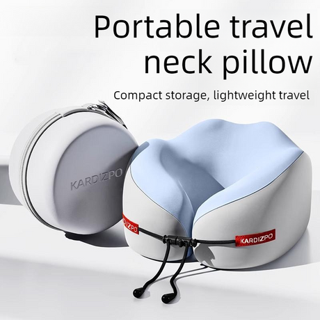 Portable Memory Foam U-Shaped Neck Pillow, Ergonomic 360° Support Adjustable Travel Pillow with Storage Case for Airplane, Car, Office - Blue
