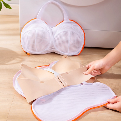 3D Support Bra Laundry Bag, Thick Mesh Bra Wash Bag with Zipper & Handle, Anti-Deformation Bra Protector for Washing Machine - Beige